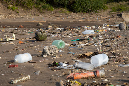 Garbage on a seashore, Pacific Ocean, northern Taiwan, Asia