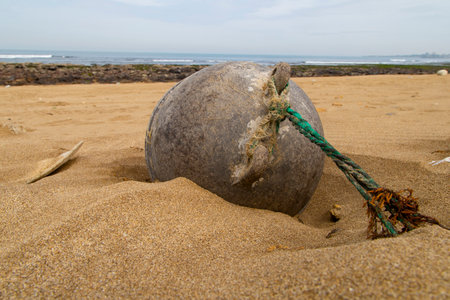 Old dirty buoy on a sand beach of a Pacific Oceanの写真素材