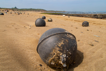 Old dirty buoy on a sand beach of a Pacific Oceanの写真素材