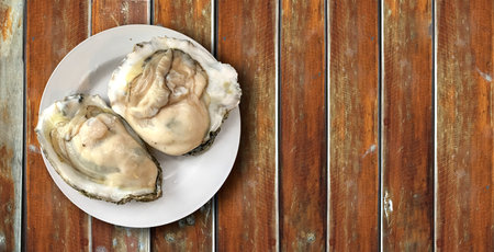oyster on wood table illustrationの写真素材