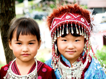 Chiang Rai, Thailand - August 31, 2015 : Hmong hill tribe children living on Phu Chee Fah, is a mountain and national forest park in Thailandのeditorial素材