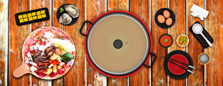 set shabu seafood on wood table illustrationの写真素材