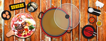 set shabu seafood on wood table illustrationの写真素材