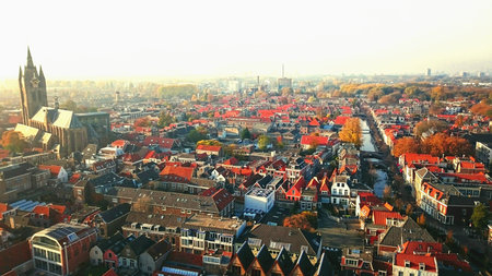 A birdview on the historical centre of Delft in Holland.の素材