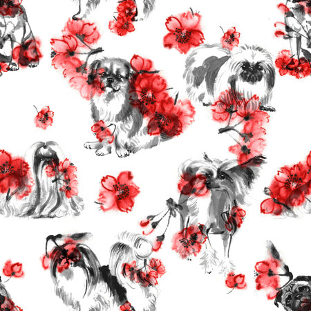 Seamless pattern with oriental lap dogs and cherry blossom, handmade ink painting, on white background. Chinese zodiac background. Textile design.の写真素材