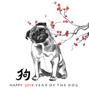 Greeting card Chinese new year. Pug and a branch of cherry blossom, oriental ink painting. With Chinese hieroglyph "dog" and text "Happy 2018 Year of the Dog".の写真素材
