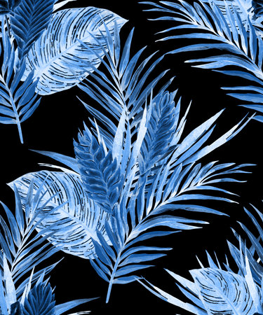 Tropical floral seamless pattern. Watercolor exotic palm and calathea leaves, flowers of bromelia. Trendy blue hues on black background. Textile design.の写真素材