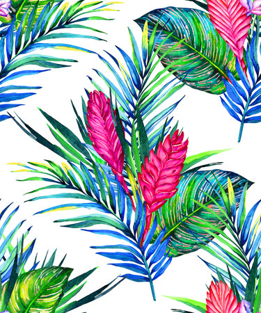 Tropical floral seamless pattern. Watercolor exotic palm and calathea leaves, flowers of bromelia. Vivid colors on white background. Textile design.の写真素材