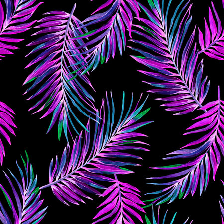 Seamless floral pattern with beautiful watercolor. Colorful jungle foliage, vibrant colors on black background. Textile design.の写真素材