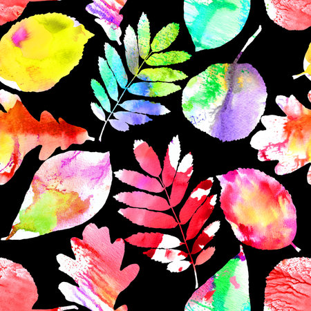 Seamless watercolor pattern with colorful leaves. Beautiful vibrant watercolor splash colors of forest foliage on black background. Textile print. Wallpaper.の写真素材
