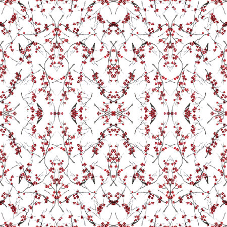 Seamless kaleidoscope pattern with branches of cherry blossom oriental ink painting, sumi-e style sakura background. Textile print. Wallpaper.の写真素材