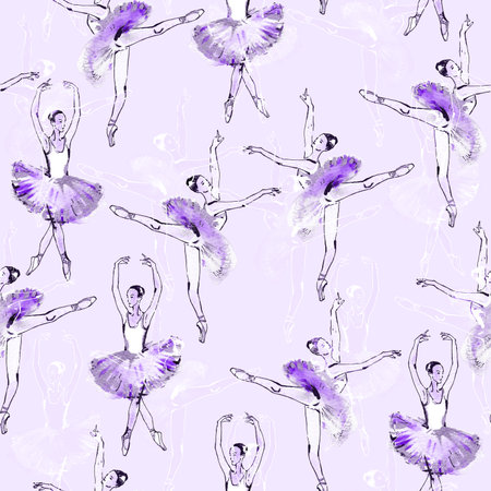 Ballerinas violet background. Seamless pattern of ballet dancers, black and silver drawing, watercolor painting, on purple background.の写真素材
