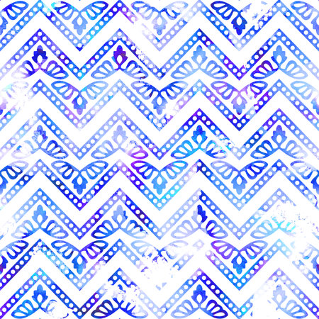 Watercolor seamless ethnic floral all over pattern. Traditional ornament of India Kashmir, chevrons and flowers, shades of violet and teal on white background. Textile design.の写真素材