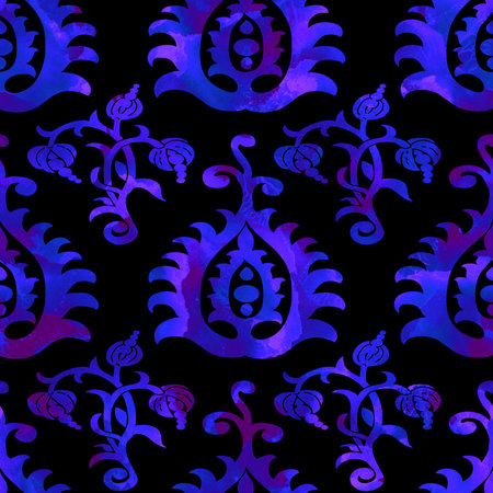 Watercolor seamless ethnic floral damask pattern. Traditional ornament of Russia with flowers and arabesques, shades of violet and blue on black background. Textile design.の写真素材