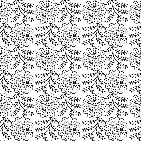 Seamless woodblock printed monochrome floral pattern. Traditional ethnic dotted ornament of Russia, black on white background. Textile design.のイラスト素材