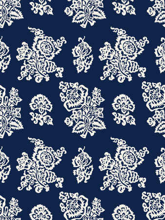 Seamless woodblock printed indigo dye floral pattern. Vector ethnic ornament, traditional Russian motif with tulips and carnations, ecru on navy blue background. Textile print.のイラスト素材
