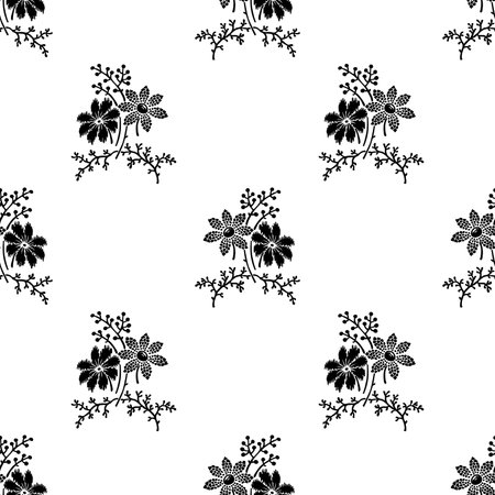Woodblock printed monochrome seamless floral pattern. Vector ethnic ornament, traditional Russian motif with meadow flowers, black on white background. Textile print.のイラスト素材