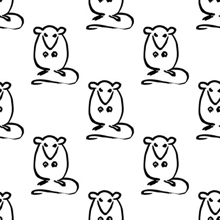 Seamless pattern with  cute seated rats.  Handmade vector ink painting. Symbol of the Oriental new year of the rat. Chinese zodiac sign.のイラスト素材