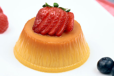 Flan dessert made with prime fresh berries and organic milkの写真素材