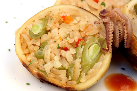 delicious stuffed calamary  with assorted seafood and vegetables  close upの写真素材