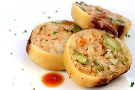 delicious stuffed calamary  with assorted seafood and vegetables  shalow dofの写真素材