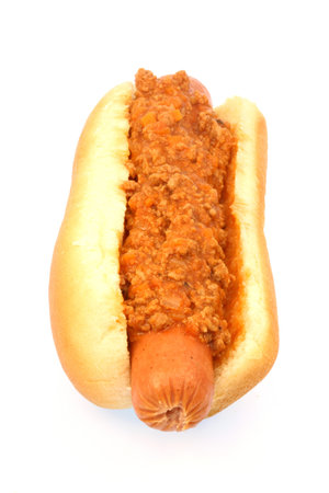 hot dog against white background with the chili on top,  delicious american recipe  の写真素材