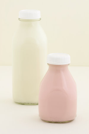 Delicious, nutritious and fresh Strawberry milk pint, made with organic real fruit and regular Milk Bottle.の写真素材