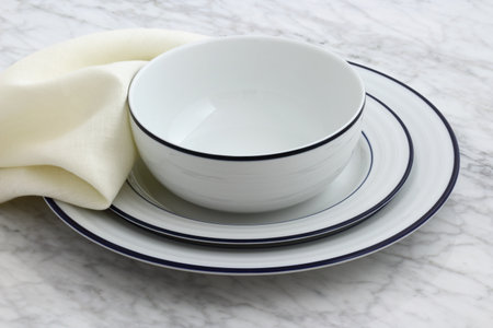white porcelain dishes with classic blue borders an staple in Parisian bistros and brasseriesの写真素材