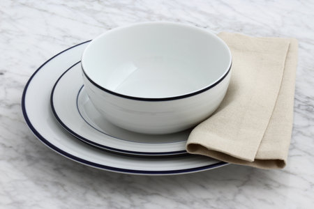 white porcelain dishes with classic blue borders an staple in Parisian bistros and brasseriesの写真素材