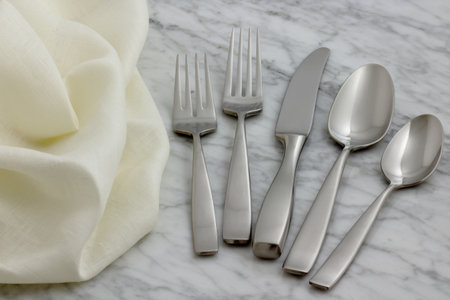 trendy and beautiful silverware set styled on linen double hemstitch napkin and antique carrara marbleの写真素材