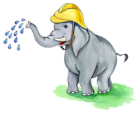 Cute elephant firefighter. Watercolor painting.のイラスト素材