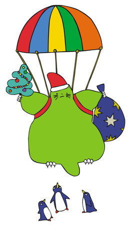 Green christmas cat is getting down on parachute. Vector. For more charecters please see my portfolioのイラスト素材