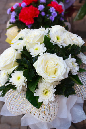 Bouquet of white roses in market flower の写真素材