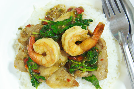 Spicy basil shrimp and pork Fried with Rice (Krapao Kung).の写真素材