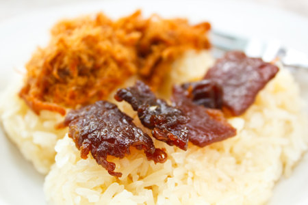 Sticky rice with sweet pork chop and fried meat, Thailand.の写真素材