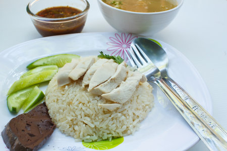 Steam chicken with rice, Thai cuisine.の写真素材