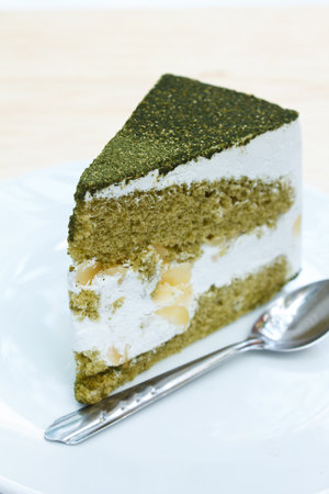 Green tea cake on plate.の写真素材