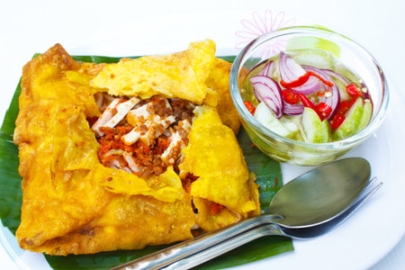 Vietnamese stuffed crispy omelette, Khanom beuangyuan.の写真素材