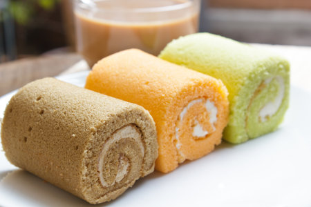 jam swiss roll cake three flavors, thailand.の写真素材
