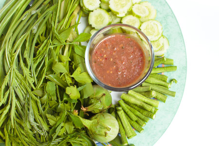 sauce of shrimp paste and chili with vegetables, thai food の写真素材