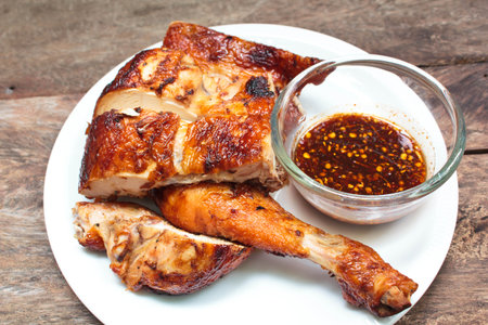 grilled chicken on plate, style thai food.の写真素材