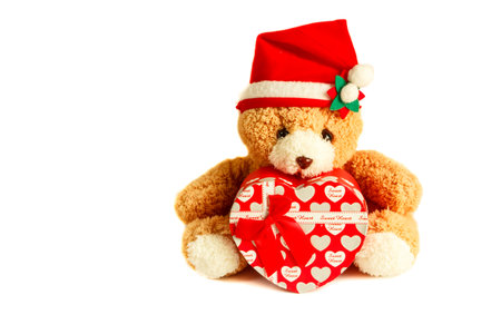 teddy bear wearing a santa hat and gift isolated on white background.の写真素材