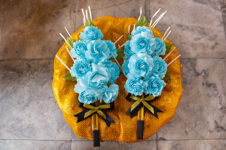 wood flowers placed at cremation, respect to the dead in thailand.の写真素材