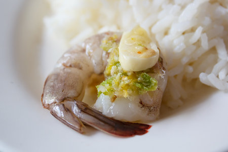 raw shrimp and spicy sauce, seafood thailand (spicy salad shrimp in fish sauce).の写真素材