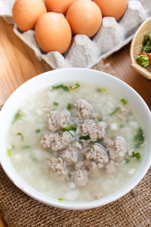 rice porridge with minced pork, thai breakfast.の写真素材