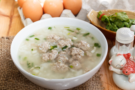 rice porridge with minced pork, thai breakfast.の写真素材