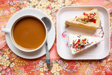 hot coffee and cake for break, coffee break.の写真素材