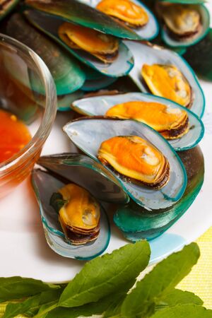 Steamed mussels and spicy sauce, Thai food.の写真素材