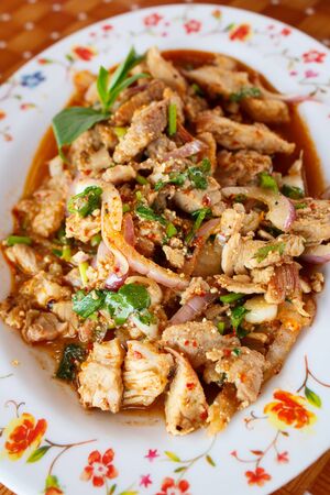 Thai cuisine spicy pork salad, Moo Nam Tok.の写真素材
