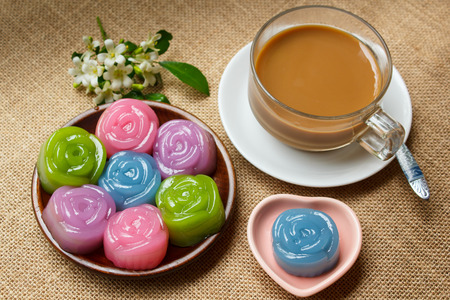 Layer Sweet Cake (Kanom Chan),  kind of Thai sweetmeat and coffee.の写真素材